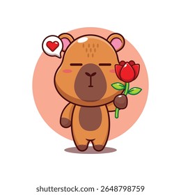 Capivara bonito segurando flor de rosa desenho animado vetor ilustração