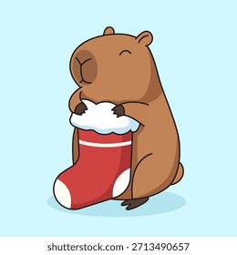 Lindo capibara sosteniendo calcetines llenos de nieve Ilustración vectorial de dibujos animados