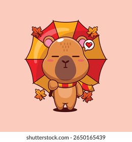 Cute capybara holding umbrella in autumn day cartoon vector illustration