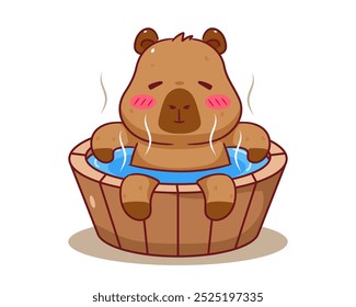 Cute Capybara in hot bathtub Cartoon Vector. Adorable and Kawaii Animal Concept Design. Hand drawn style. Icon Mascot Logo Illustration. Isolated White Background.