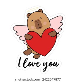 Cute capybara hug heart and fly, card valentines day