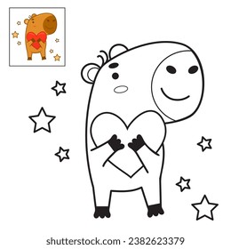 Cute capybara hugging heart. Vector illustration. Funny animal character rodent. linear hand drawing, coloring book. kids collection