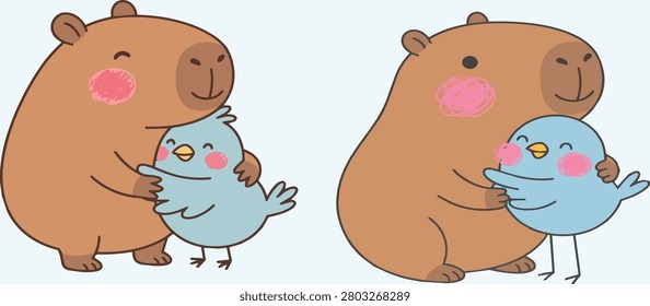 Cute capybara hugging a small blue bird illustration set, funny cartoon animal character