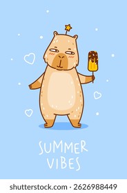 Cute сartoon capybara with ice cream on blue background - funny animal for Your happy summer greeting card design