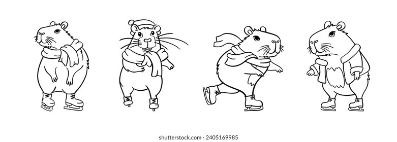 Cute capybara ice skating set. Vector illustration hand drawn. For coloring books, postcards, templates.