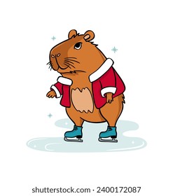 Cute capybara is ice skating. Vector  flat style