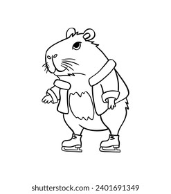 Cute capybara ice skating. Vector hand drawn. For coloring books, postcards, templates.