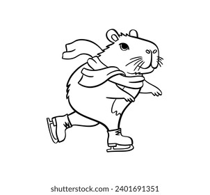 Cute capybara ice skating. Vector hand drawn. For coloring books, postcards, templates.