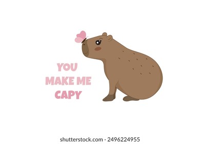 Cute Capybara illustration with a butterfly.  Vector illustration for greeting card, prints, pattern, sticker and posters.