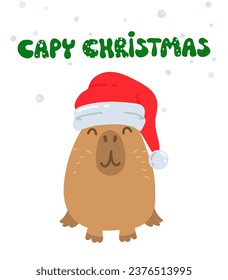 Cute capybara illustration. Cartoon capybara christmas. Christmas card