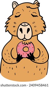 Cute Capybara Indulging in a Donut Treat Vector Illustration