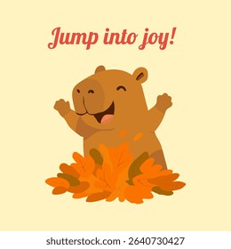 A cute capybara is jumping into a pile of leaves. The image is titled "Jump into Joy!"