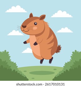Lindo capibara saltando con alegría en la naturaleza. Ilustración, impresión, postal para niños.