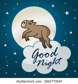 Cute capybara jumps on the background of the moon and clouds. Good night, sweet dreams. Comic vector illustration.