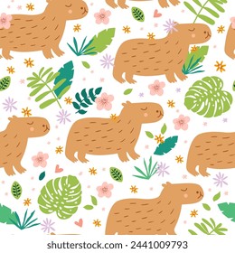 Cute Capybara in jungle seamless pattern. Summer tropic repeat background with cute animal, tropical leaves, flowers. Vector childish wallpaper, textile design, print, gift paper, wrapping, fabric.