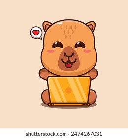 Cute capybara with laptop cartoon vector illustration. Vector cartoon Illustration suitable for poster, brochure, web, mascot, sticker, logo and icon.