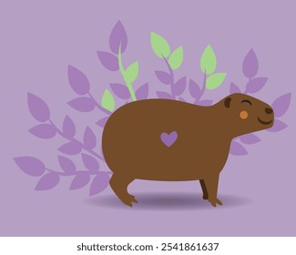 Capivara bonito com folhas, ilustração de stock de vetor plano com caráter animal capivara