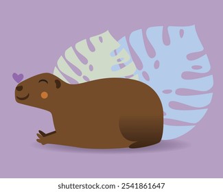 Capivara bonito com folhas e coração, ilustração de stock de vetor plano com caráter animal capivara