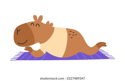 Cute capybara lies on the mat. Cheerful happy animal. Vector freehand flat isolated illustration