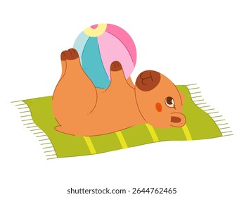 A cute capybara lies on a towel and plays with a beach ball. Color clip art for your projects.