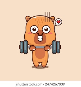 Cute capybara lifting barbell cartoon vector illustration. Vector cartoon Illustration suitable for poster, brochure, web, mascot, sticker, logo and icon.