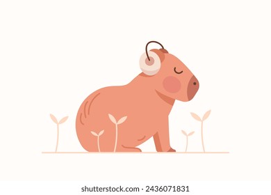 Cute capybara listening to music illustration