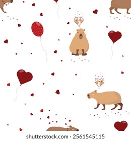 Cute capybara in love. Romance pattern. On a white background.Factory textiles.