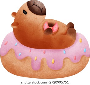 Capivara bonito Deitado em Donut Holding Doce Sobremesa Vetor Clipart
