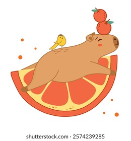 cute capybara lying on orange, funny capybara, fruits, bright illustration, bird, capybara and bird