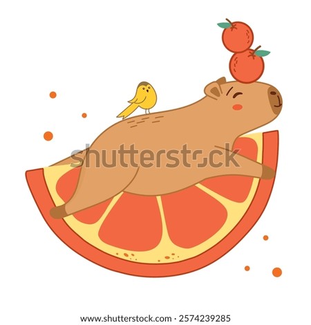 cute capybara lying on orange, funny capybara, fruits, bright illustration, bird, capybara and bird