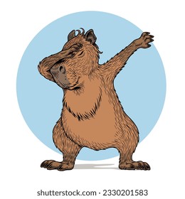 El capibara cute hace gestos de dab dance, muestra movimiento de dabbing, aislado en fondo blanco, ilustración vectorial