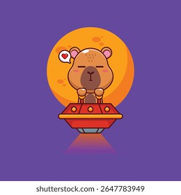 Bonito capivara mascote desenho animado personagem ilustração voar com ufo