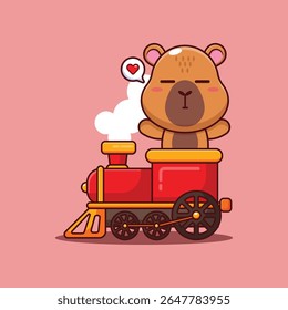 Bonito capivara mascote personagem de desenho animado passeio de ilustração no trem