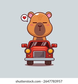 Bonito capivara mascote personagem de desenho animado passeio de ilustração no carro
