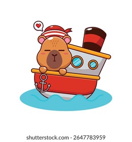 Ilustração de personagem de desenho animado capivara bonito mascote no navio