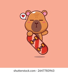 Ilustração de personagem de desenho animado capivara bonito mascote com skate