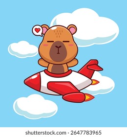 Cute capybara mascot cartoon character illustration ride on plane jet