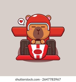Cute capybara mascot cartoon character illustration riding race car