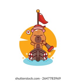 Ilustração de personagem de desenho animado capivara bonito no barco. 