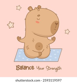 Cute Capybara meditation in lotus pose sitting on mat. Funny calm athlete cartoon kawaii character animal yogi with motivational quote about balance. Vector illustration. Kids collection