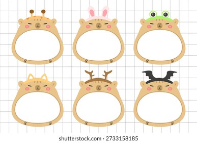Lindas notas de capibara con accesorios de cabeza de animal. Marcos de nota animal de dibujos animados Kawaii para el planificador, la etiqueta engomada, y el diseño de papelería. Conjunto de ilustración. Ilustración vectorial