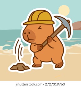 Lindo minero Capybara cavando en la playa