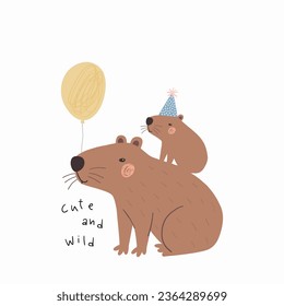 Cute capybara mom and baby - vector illustration in flat style.