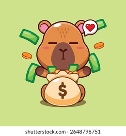 Capivara bonito com saco de dinheiro desenho animado vetor ilustração