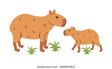 Cute capybara mother with baby standing and looking at each other, isolated on white in cartoon flat style. Adorable animal scene perfect for kids, family themes, stickers, and nature design.