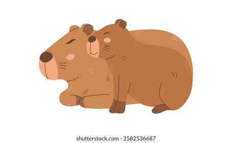 Cute capybara mother and her baby. A Cute animal family. Motherly love. Child illustration. Flat isolated vector illustration on white background