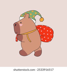 Capivara bonita com um saco de brinquedos de Ano Novo. Ilustração vetorial na moda.