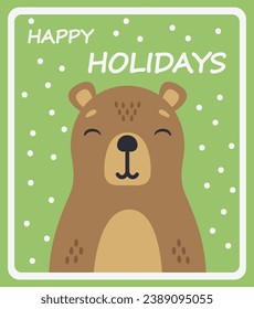 Cute capybara on a green snowy background. Cartoon winter poster. Vector postcard.