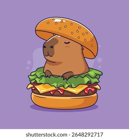 Capivara bonita em um hambúrguer. Ilustração vetorial em estilo cartoon sobre fundo roxo.