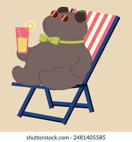 Cute Capybara on the lounge chair isolated white. Flat style funny animal relax on the sunbed. Simple vector illustration can used template t-shirt print, postcard cover design.